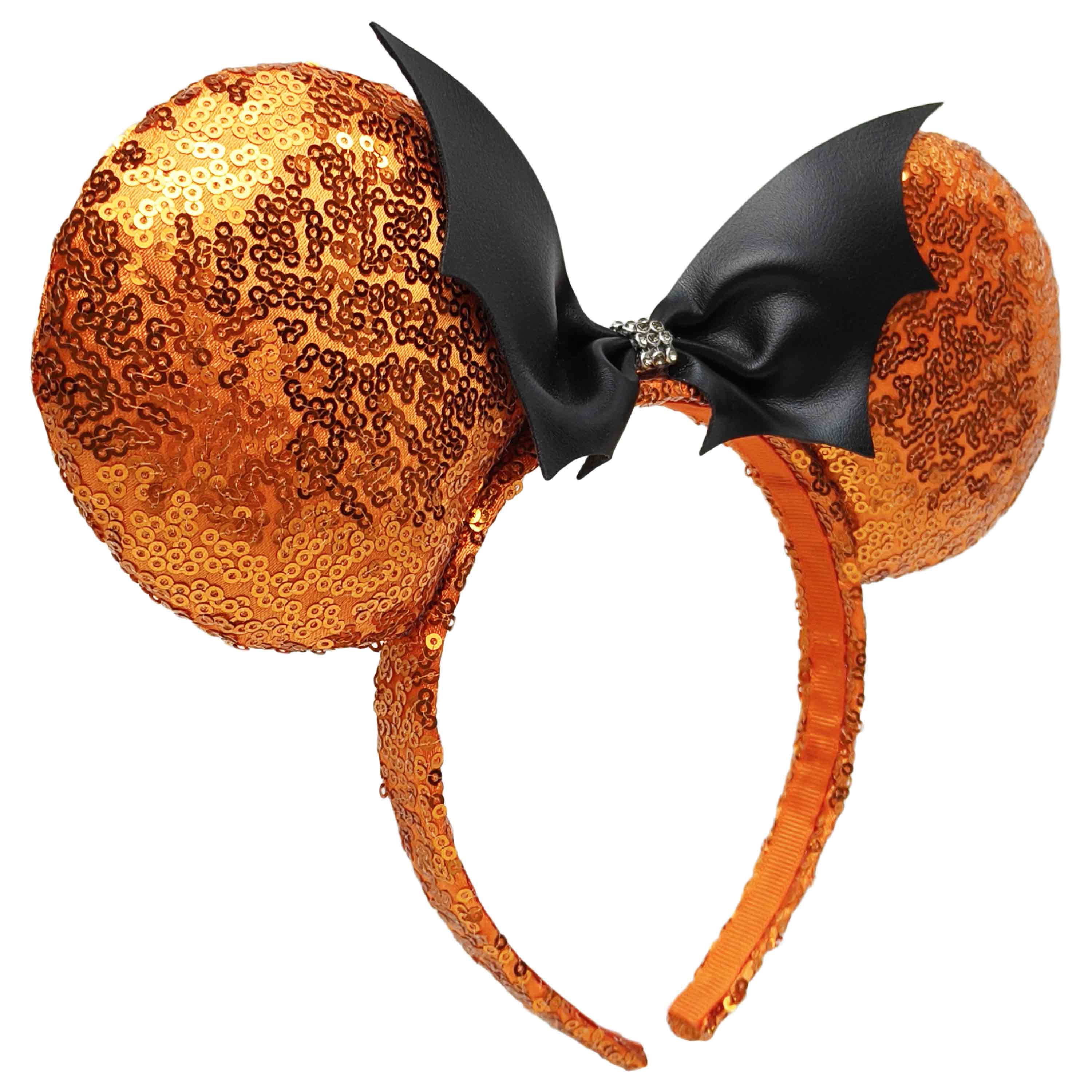 Disney Halloween Minnie Mouse Orange Sequin Ears with Faux Leather Bat Bow for Adults