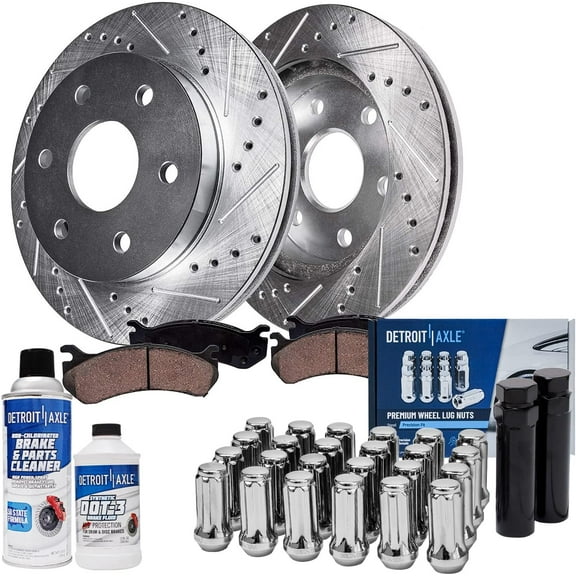 Detroit Axle - Front Drilled Rotors & Brake Pads   24pc Wheel Lug Nuts w/ keys Replacement for Chevy GMC Traverse Enclave Acadia Outlook - 32pc Set