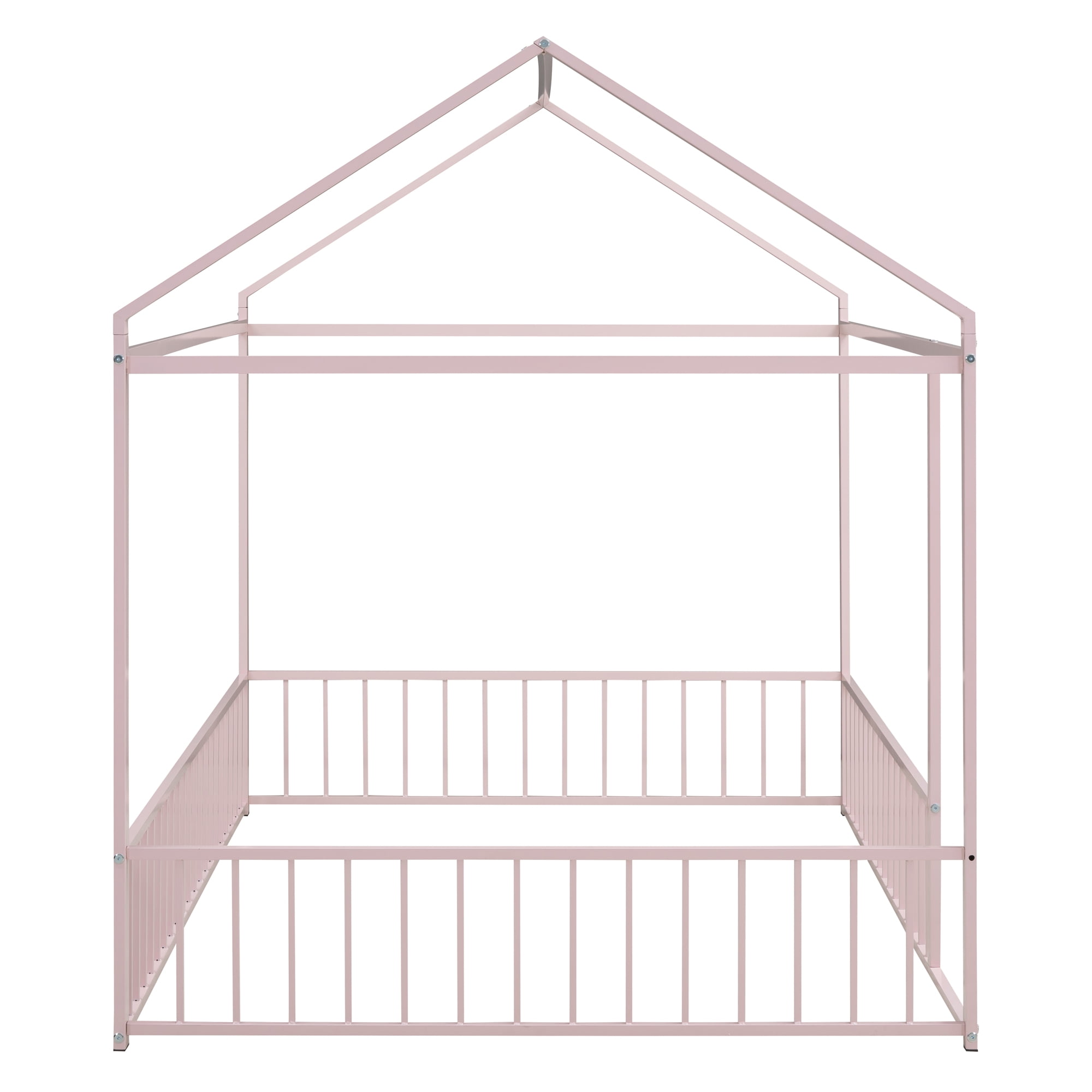 Full Size Metal House Bed Frame with Rails, Montessori Floor Bed  without Slats (Pink)