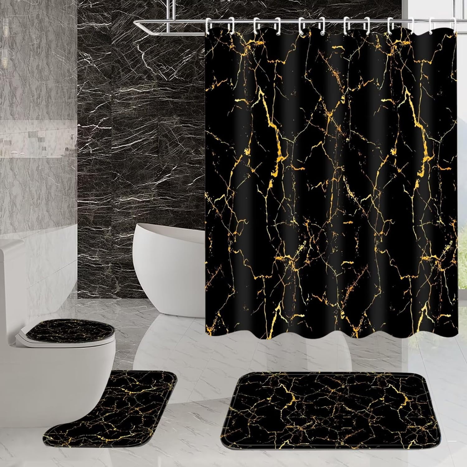 4 Pcs Shower Curtain Sets Black and Gold Marble Bathroom Sets with Shower Curtain and Rugs and Accessories Luxury Bathroom Curtain Decor Sets with 12 Hooks