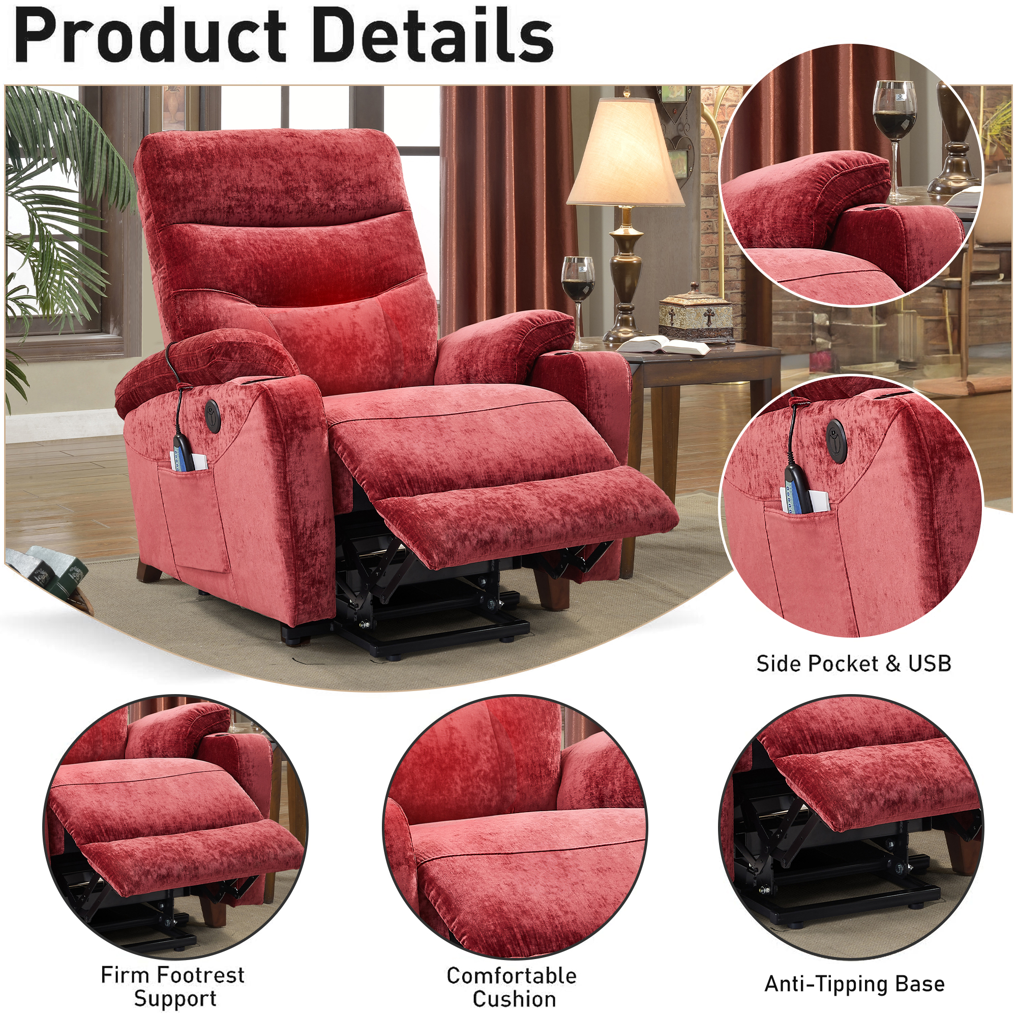 Aukfa Electric Power Lift Recliner Chair with Massage and Heat, USB Ports, 2 Side Pockets, Cup Holders for Elderly, Red