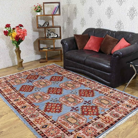 Rugsotic Carpets Hand Knotted Afghan Rugs Rectangle 6'x9' Aqua Cream Silk-Wool for Indoor Use