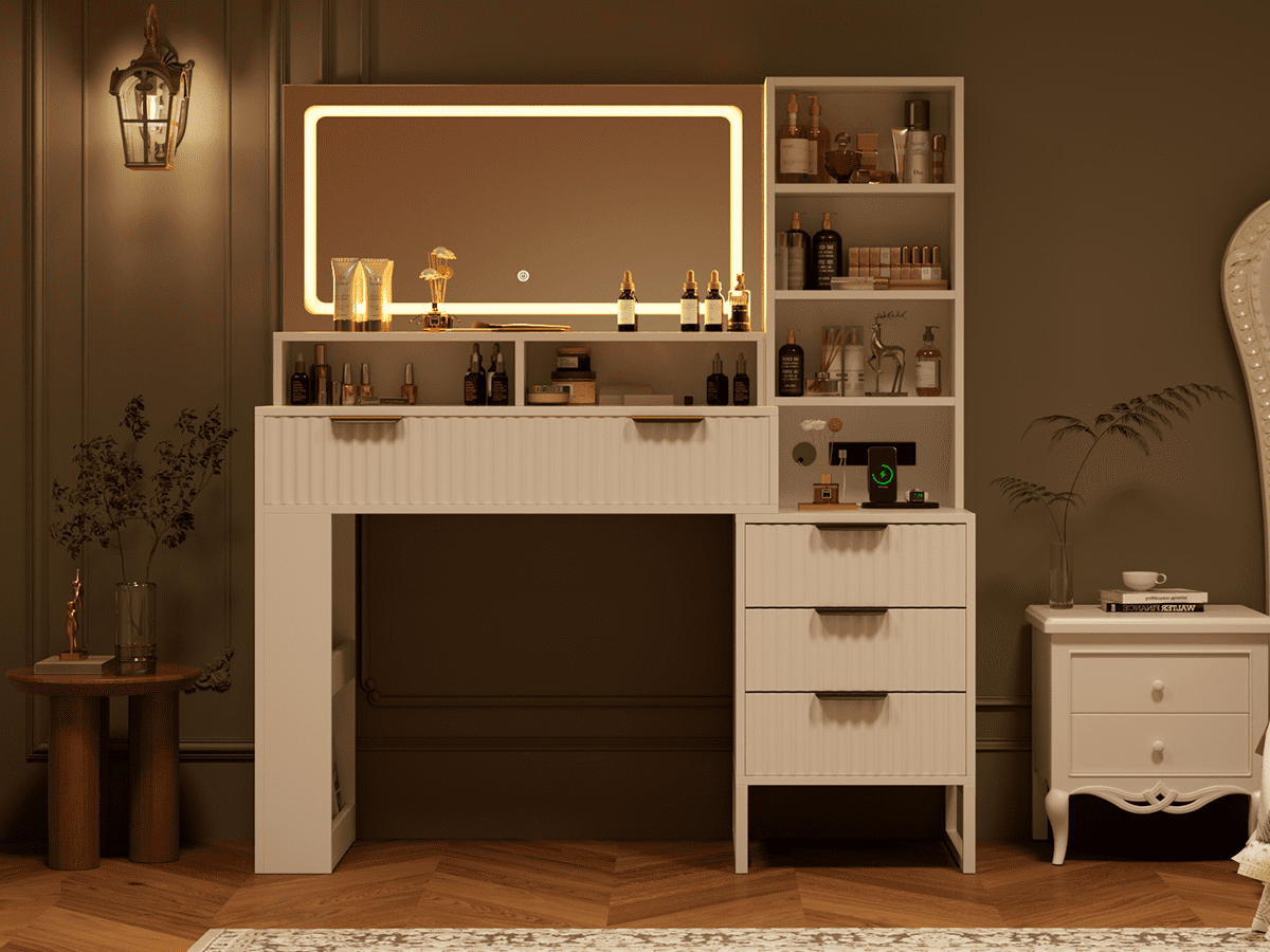 Large Fluted Vanity , Modern Style Makeup Vanity Desk with Lights and Mirrors for Bedroom (White)