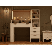 Large Fluted Vanity , Modern Style Makeup Vanity Desk with Lights and Mirrors for Bedroom (White)