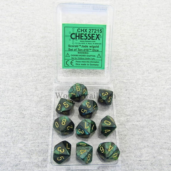 Jade Scarab Dice with Gold Numbers D10 16mm (5/8in) Pack of 10 Dice Chessex