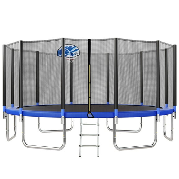 16FT Trampoline for Kids with Safety Enclosure Net, Basketball Hoop and Ladder, Easy Assembly Round Outdoor Recreational Trampoline for Over 3 years old Children