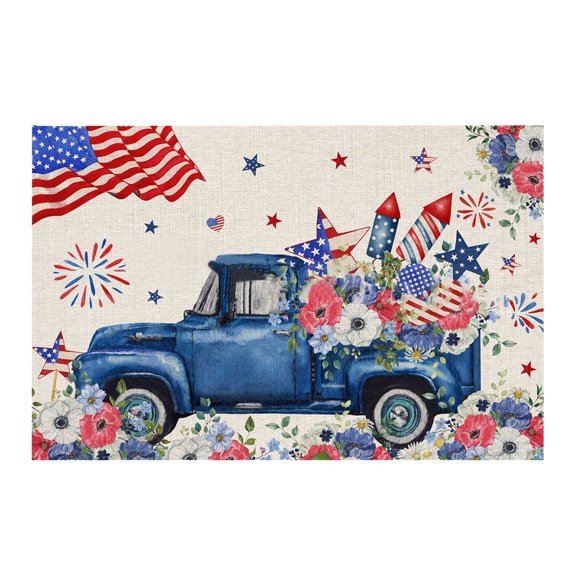 pdqouc 4th Of July Patriotic Floor Mat Rustic American Patriotic Gnomes and Flag Colorful Floral Indoor Doormat Independence Day Doormat Low Profile Rug for Home Office Decorations
