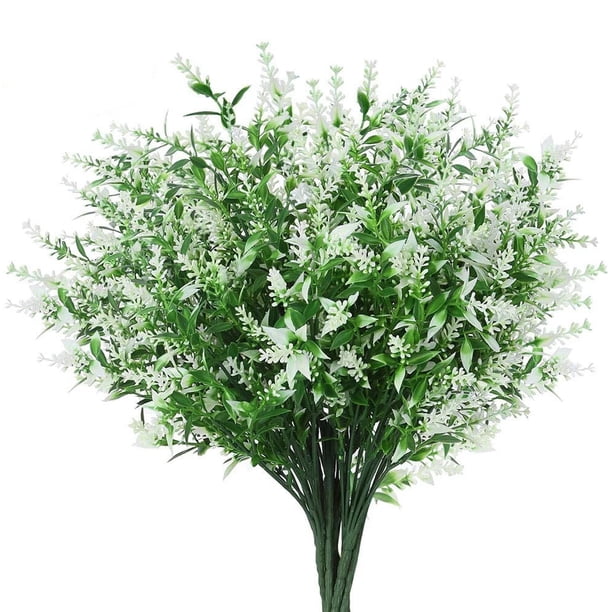 Xiao Hua 8 manojos de flores artificiales de lavanda para exterior, arbustos de plástico anti-UV, decoración colgante para interior y exterior, 7 puntas (blanco)