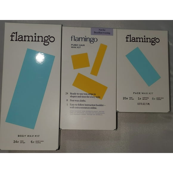 Flamingo Wax Set: Face Wax Strips (20 Ct), Body Wax Strips (24 Ct), Pubic Hair Wax Strips (24 Ct)