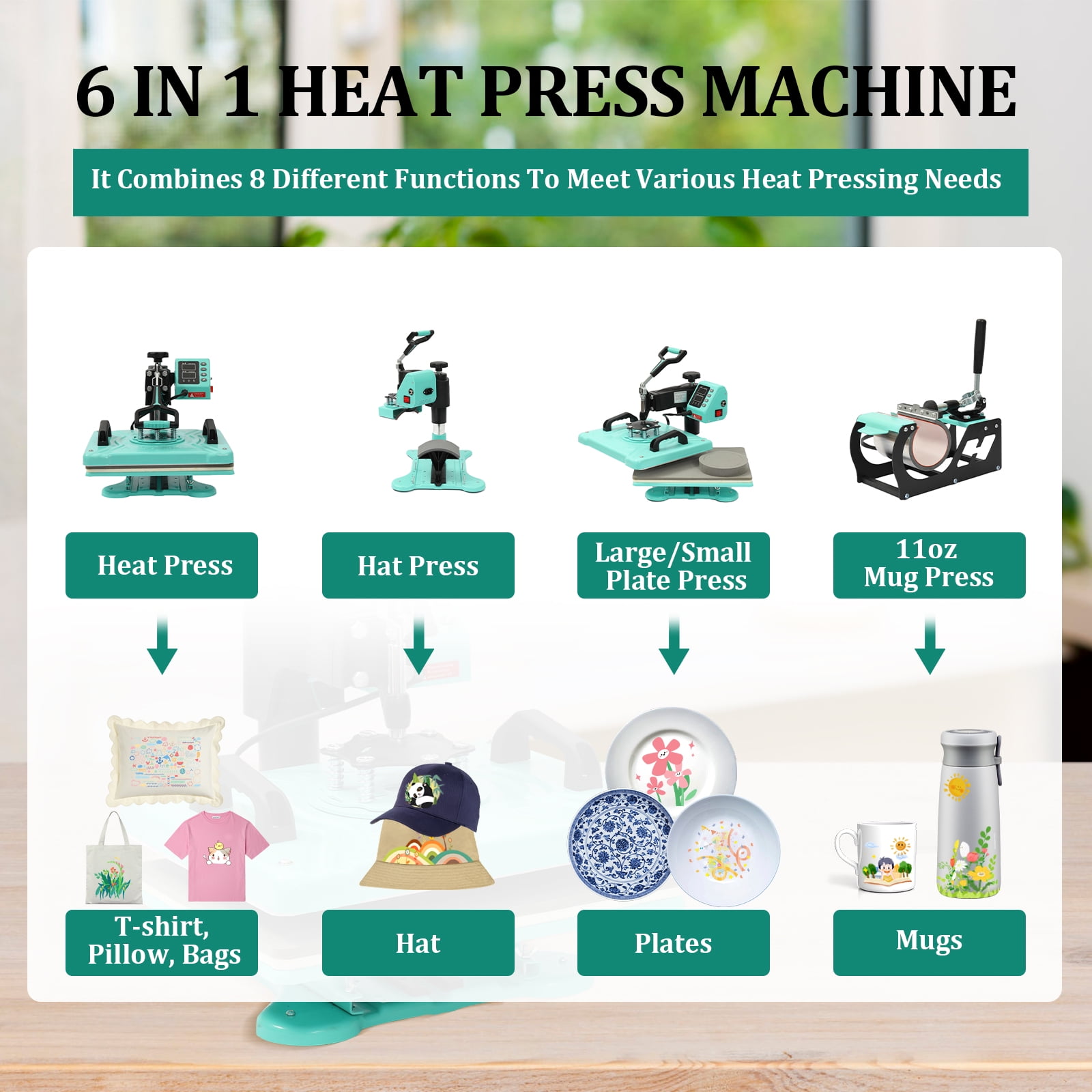 8 in 1/6 in 1 Heat Press Machine, Sublimation Heat Press, 360° Swing Away Digital Heat Transfer Multifunction Heat Transfer Sublimation Combo for T-Shirt, Cap, Mug, Plate, Pillow, Bag