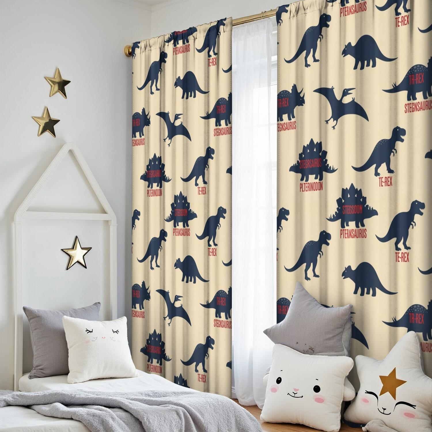 Blackout Kids Curtains,Beige Dinosaurs Names Pattern Childrens Insulated Curtains Set Of 2,Bedroom Essentials,Toddler Room Decor 52"x84"