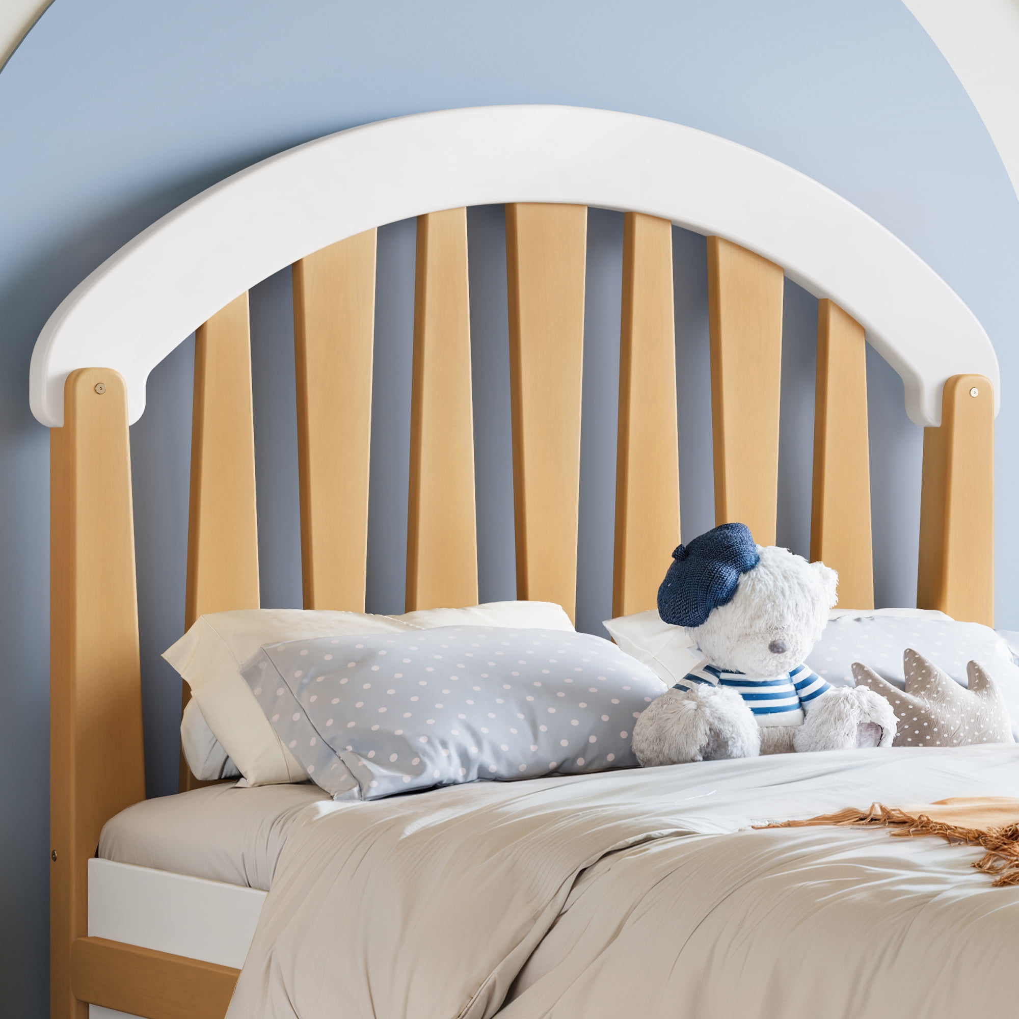 Leumius Twin Size Platformbed Frame with Storage Drawer, Wood Twin Bed Frame with Round Headboard for Bedroom White & Natural