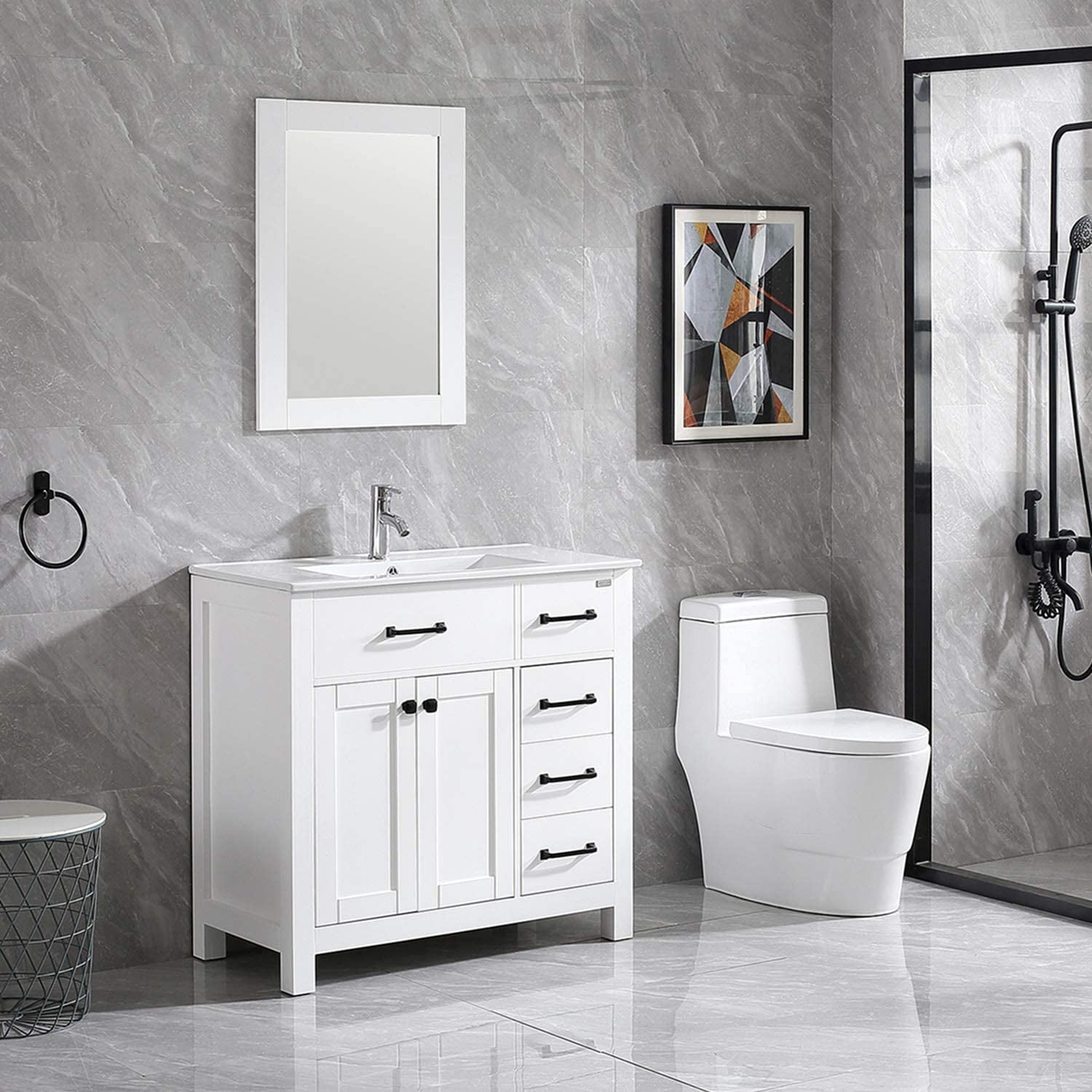 Wonline 36" White Bathroom Vanity Wood Cabinet and Mirror Vanities Set Free Standing Vanity Only