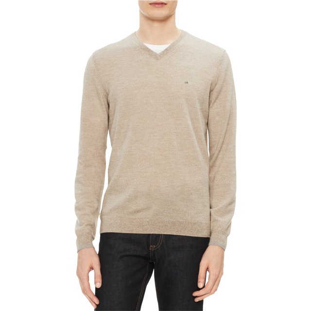 Calvin Klein Mens Extra Fine Merino Pullover Suéter, Beige, Grande