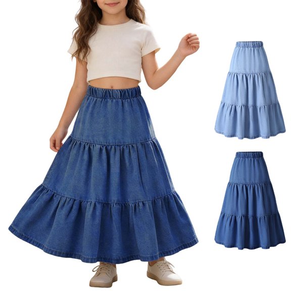 XINXIAOO Girls' Elastic Denim Skirt Casual Mini A-Line Flared Jean Skirts Skirts for Girls 10-11 Years