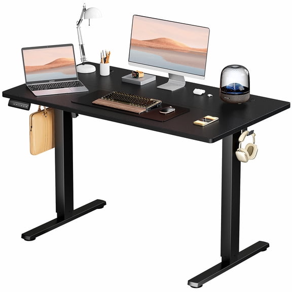 TOPCOMFY Ergonomic Adjustable Desk with T-Shaped Metal Frame, Wooden Desktop for Home Office, 48'' x 24", Black