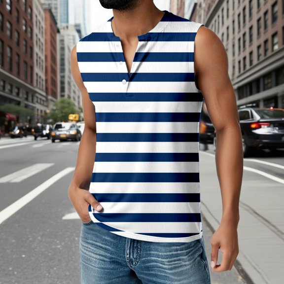 Mens Tank Top Casual Loose Striped Sleeveless V Neck T Shirts Summer Outings Comfortable Breathable Vests Dark Blue L