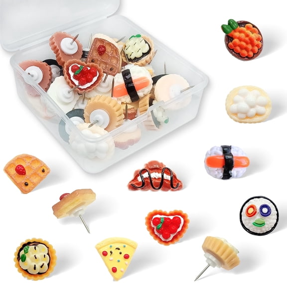 WINFA 27Pcs Boxed Food Push Pins, Decorative Cute Wall Thumb Tacks for Cork Board, Bulletin Board, Hanging Photo Poster, Home Supplies