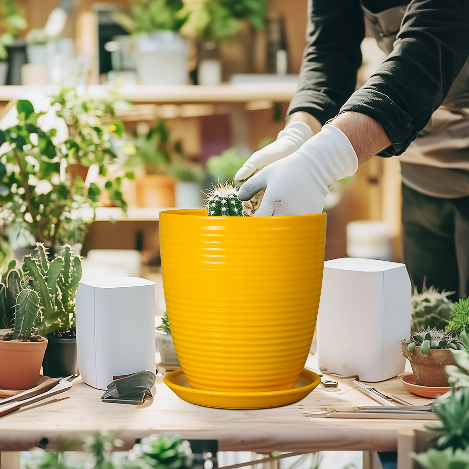 EPFamily 8 Inch Yellow Ceramic Planter with Drainage Hole and Saucer – Modern Flower Pot for Indoor Plants, Snake Plants, Herbs