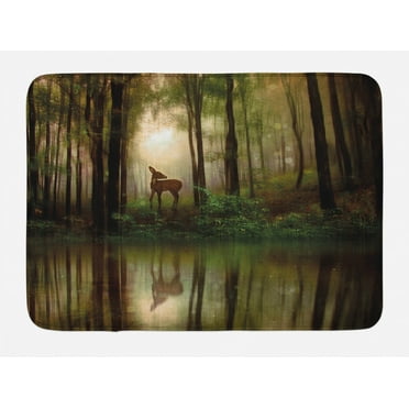Nature Bath Mat, Baby Deer in the Forest with Reflection on Lake Foggy Woodland Graphic, Non-Slip Plush Mat Bathroom Kitchen Laundry Room Decor, 29.5 X 17.5 Inches, Fern Green Cocoa Brown, Ambesonne