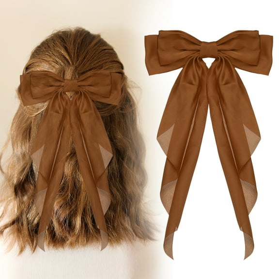 Uxcell Large Bowknot Hair Ribbon Barrette, Hair Bows Oversized Clip Long Tails - Fitting for (Party - Wedding - Birthday - Gift - Clip Accessories - Women) 14.17 Inch & Satin & Brown