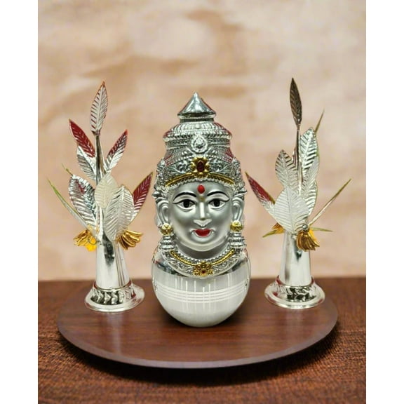 silver plated Mukhota/ lakshmi face & Kalash   Banana Tree Pair for vara lakshmi pooja/ housewarming/ diwali