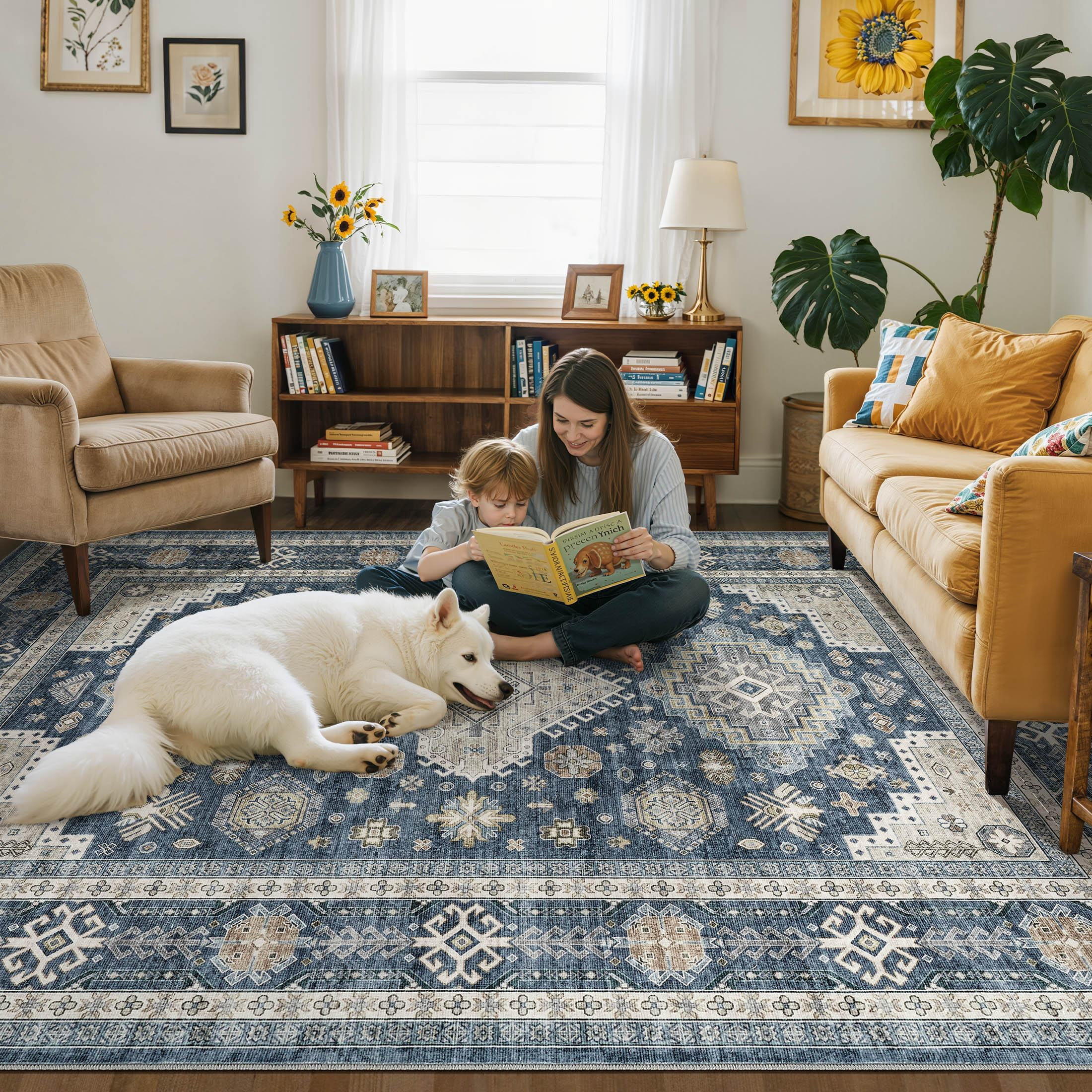 UERMEI 6'x9' Washable Area Rugs for Living Room, Modern and Vintage Non Slip Carpet, Low Pile Indoor Rug for Bedroom Home Decor Carpets, Blue