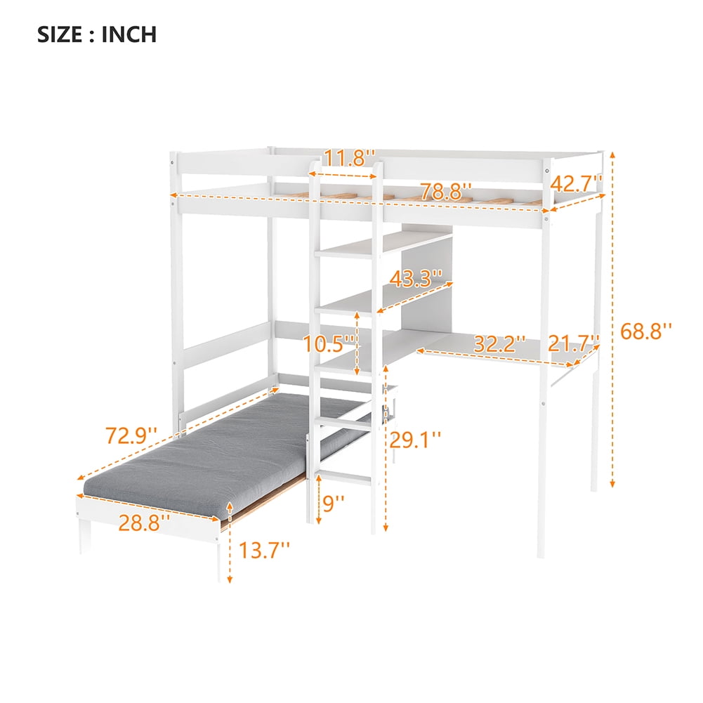 Lowestbest Convertible Loft Bed with L-Shape Desk, Twin Bunk Bed with Trundle and Shelves Lowestbest Convertible Loft Bed with L-Shape Desk, Twin Bunk Bed with Trundle and Shelves