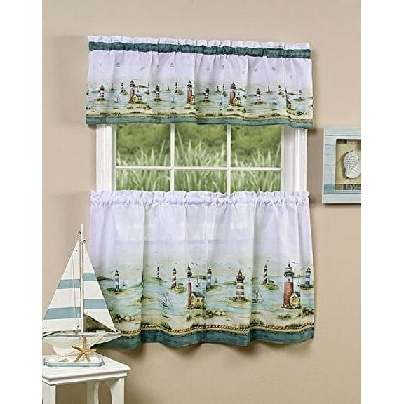 Park Avenue Collection Hamptons Printed Tier and Valance set 58x24 Tier Pair and 58x13 Valance - Sand