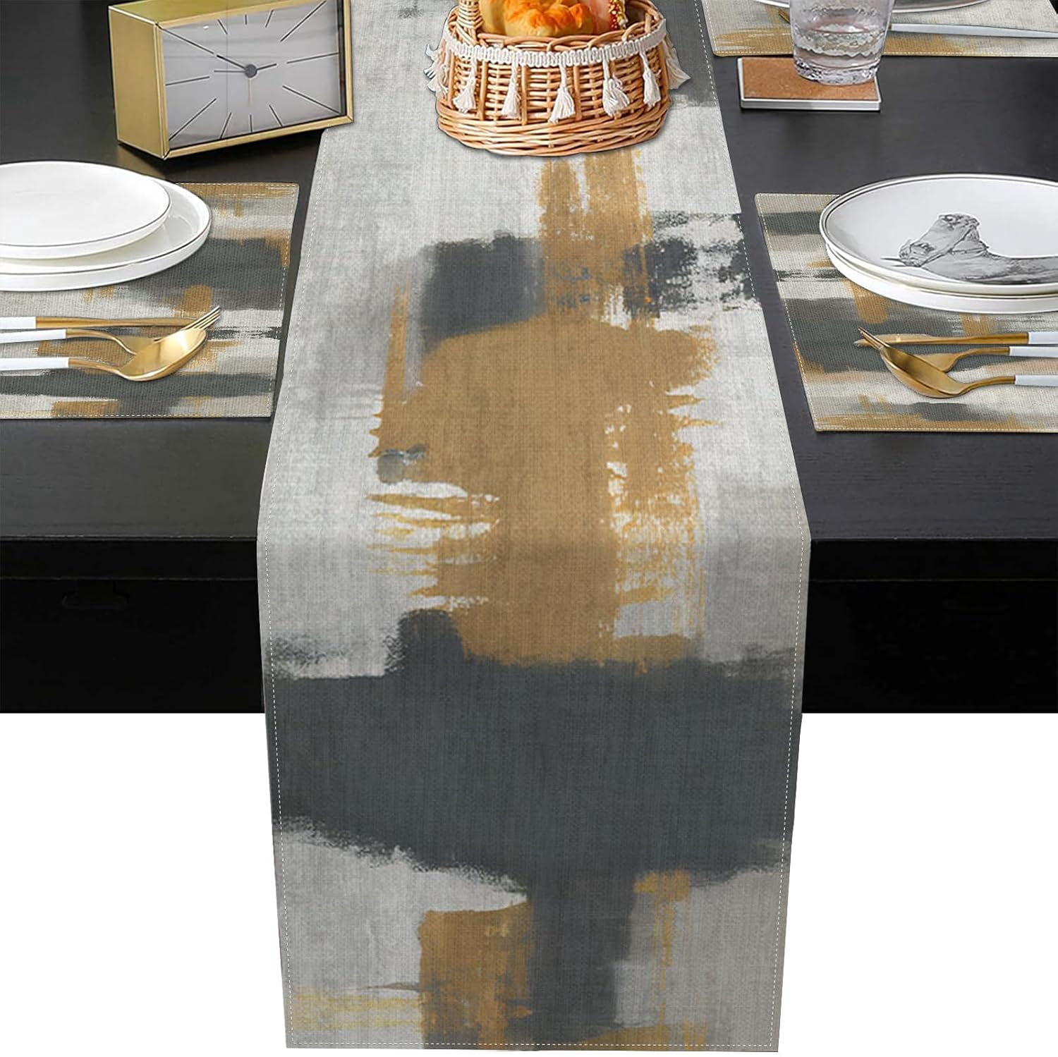 Vintage Grey Table Runner and Placemats Set of 6, Abstract Dark Gray Brown Decorations for Indoor Outdoor Dining Decor(1 Table Runner 72 inches Long and 6 Placemats)