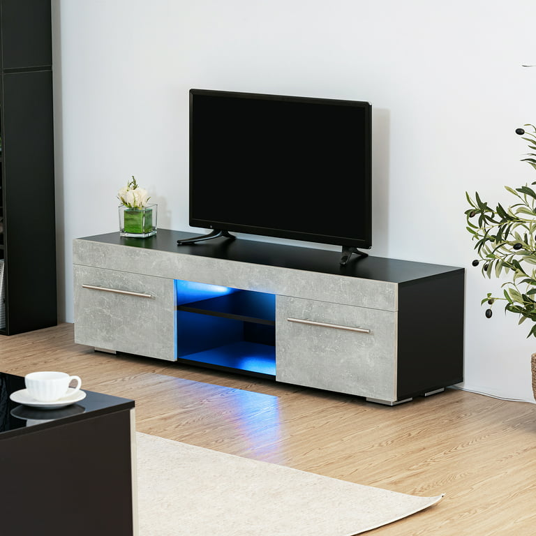 HOMMPA TV Stand with LED Lights for TVs Up to 59 inch Grey Modern Television Stands LED Entertainment Center with High Gloss Drawers Storage TV