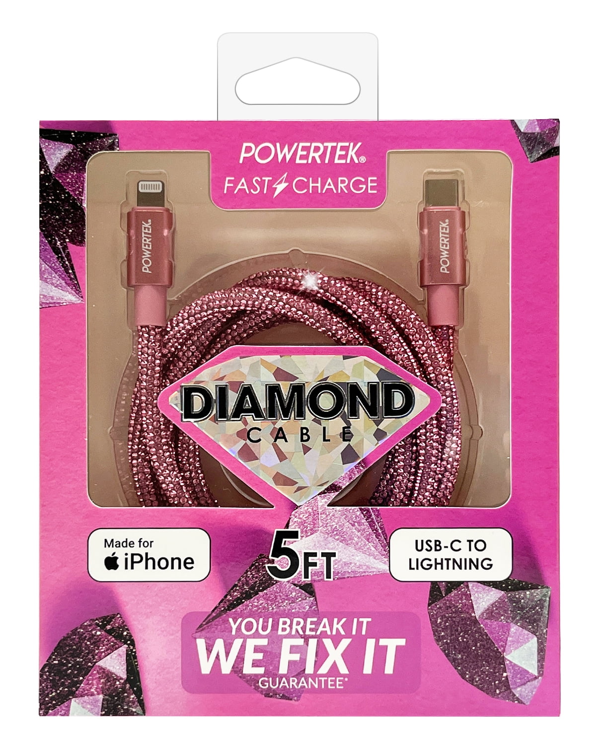 Liquipel Powertek USB C Lightning iPhone Charger Cable [MFI Certified], Fast Charging 6ft USB C to Lightning Cord, Diamond Shine Pink