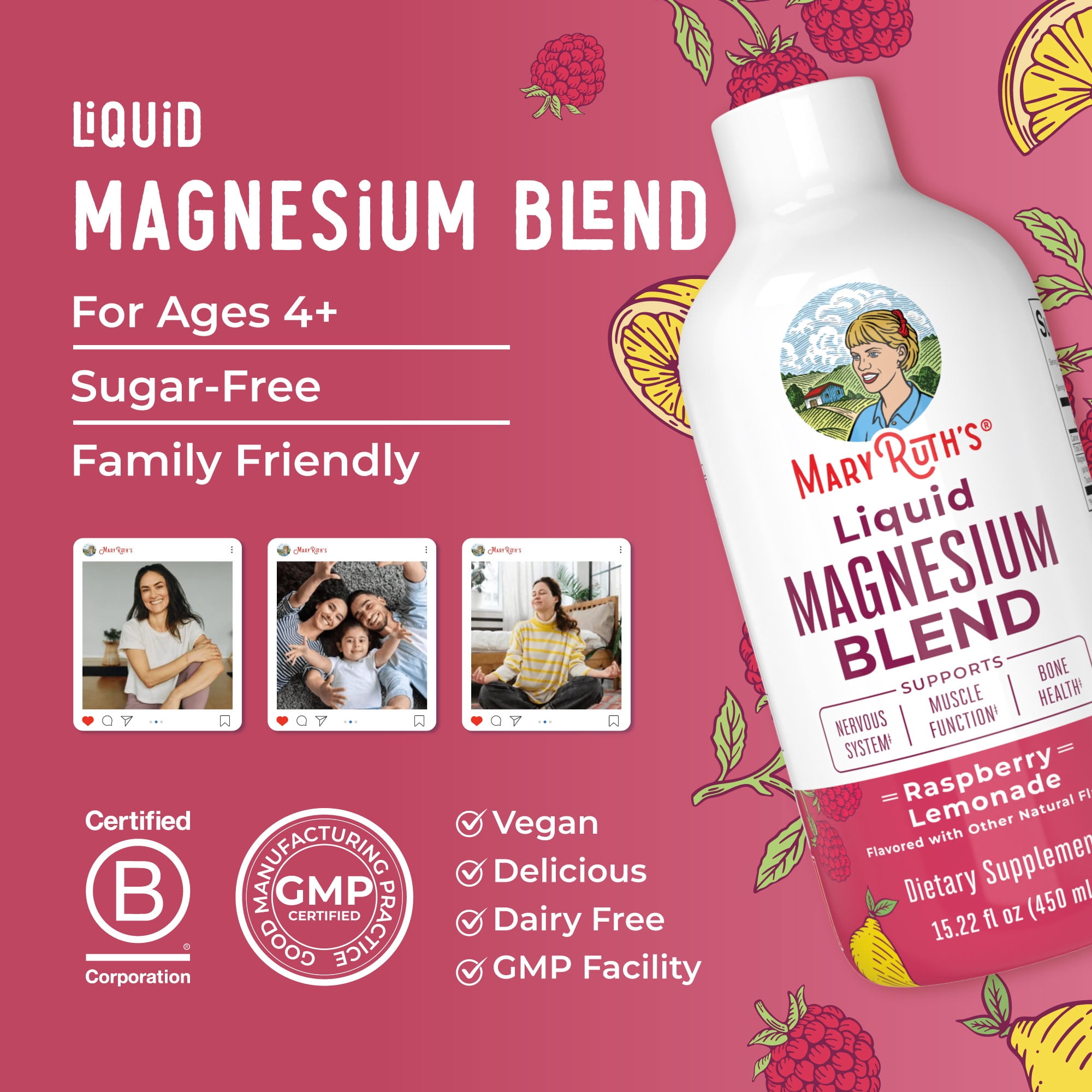 MaryRuth's Organics Liquid Magnesium Blend, Raspberry Lemonade, Energy Support, 15 fl oz