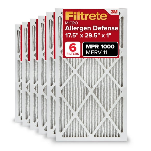 Filtrete 17.5x29.5x1 AC Furnace Air Filter MERV 11 MPR 1000 Micro Allergen Defense 3-Month Pleated 1-Inch Electrostatic Air Cleaning Filter 6 Pack (Actual Size Pack 17.19x29.19x0.81 in)