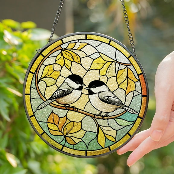 Lotusprinthandmade Chickadees Couple Stained Glass Suncatcher for Window Hanging Cir4in, Chickadees Lovers Suncatcher, chickadees couple suncatcher