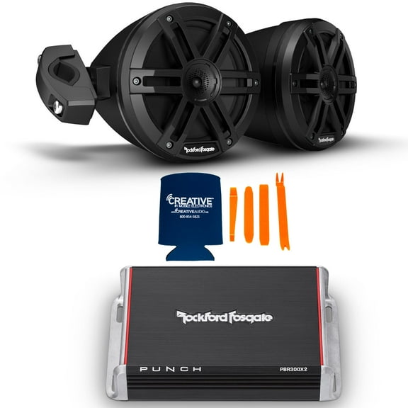 Rockford Fosgate 1 Pair of M0WL-65MB Black 6.5" Moto Can Speakers and 1 PBR300X2 2 Channel Amplifier