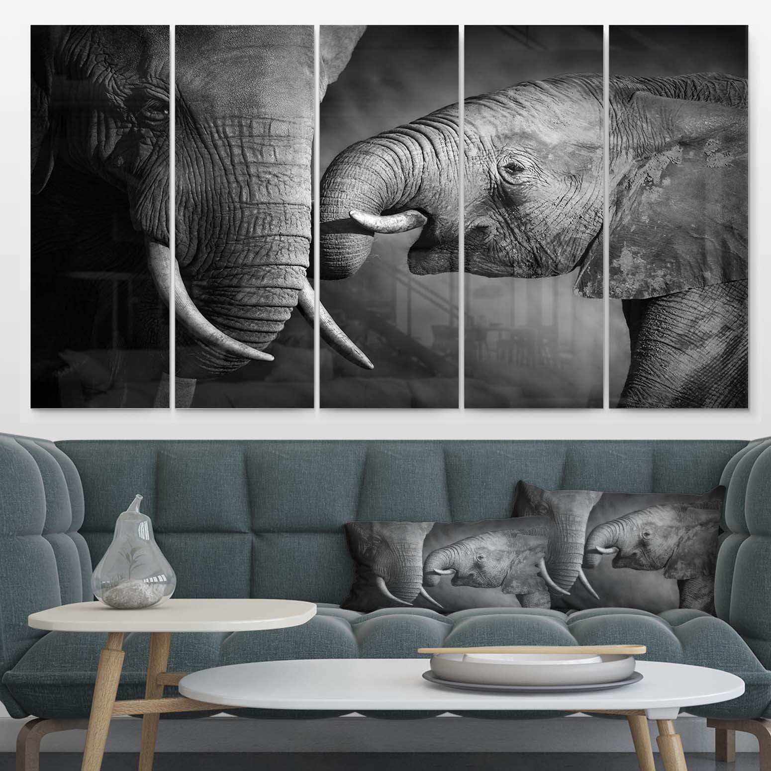 Elephants Showing Affection 28 in x 60 in Painting Art Prints, by Designart