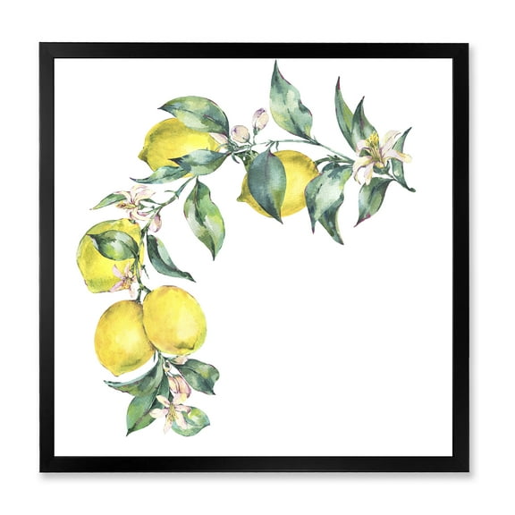 Designart 'Branch of Leaves and Yellow Lemons II' Tropical Framed Art Print