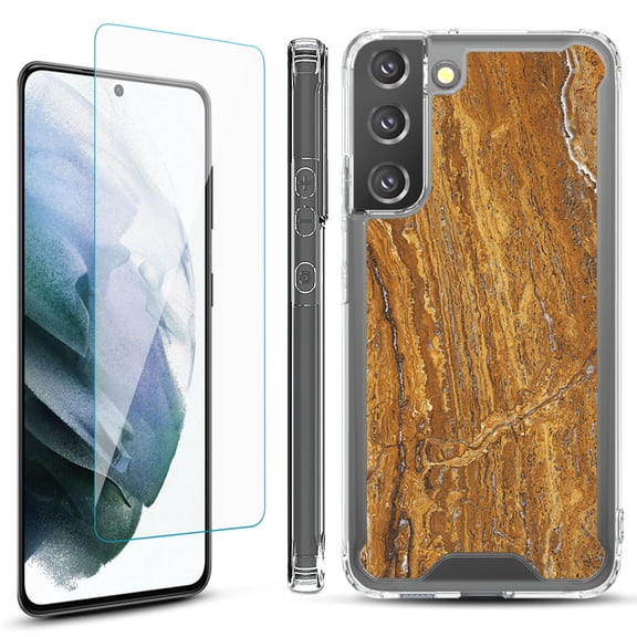 Shockproof Bumper Phone Case for Samsung Galaxy S22  / S22 Plus 5G, with Tempered Glass Screen Protector, by OneToughShield ® - Marble / Earth