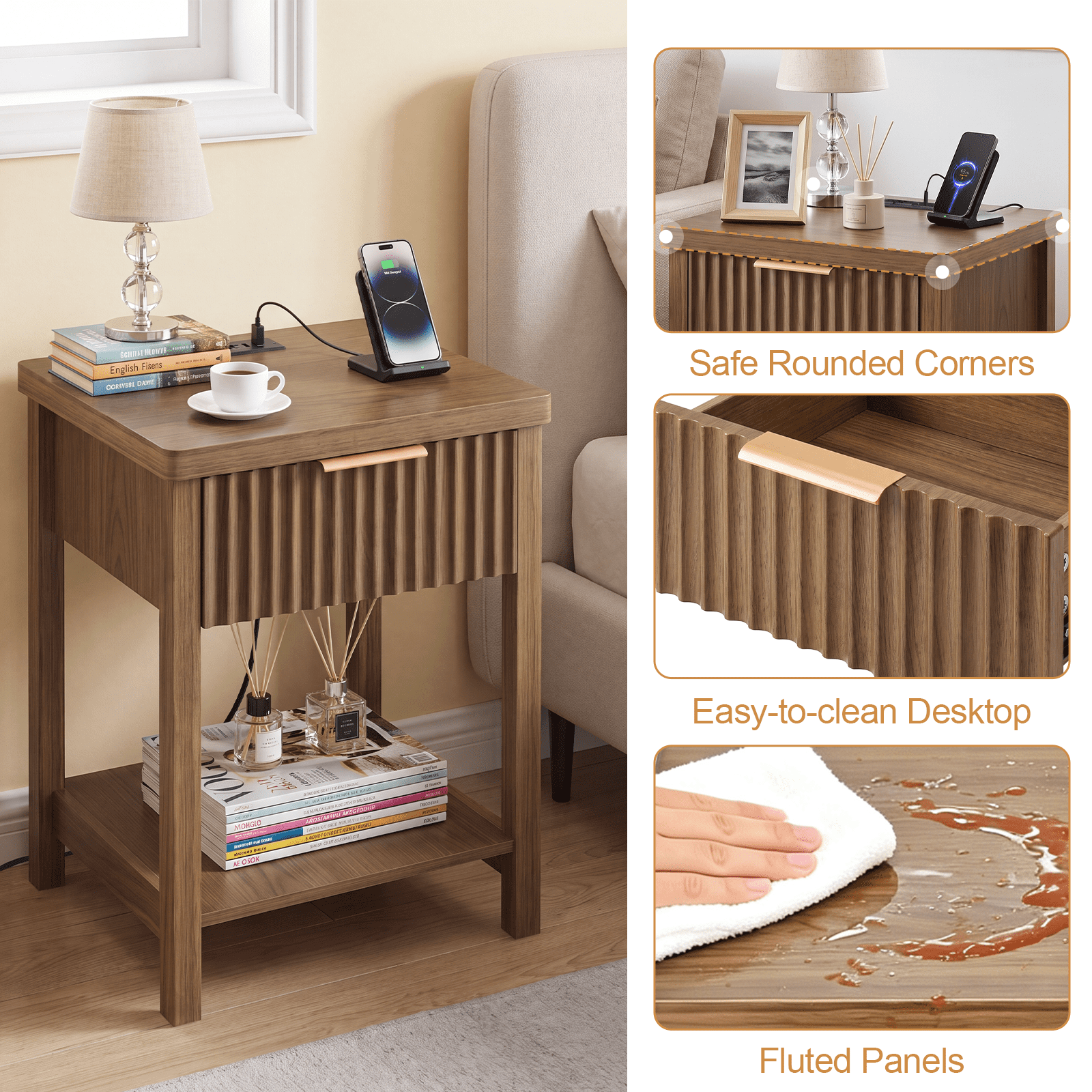 Fluted Wood Nightstand Set of 2, Walnut Bedside Table with Built-in Charging Station (2 AC, USB, Type-C), Storage Drawer & Open Shelf, Modern Side Table for Bedroom Living Room