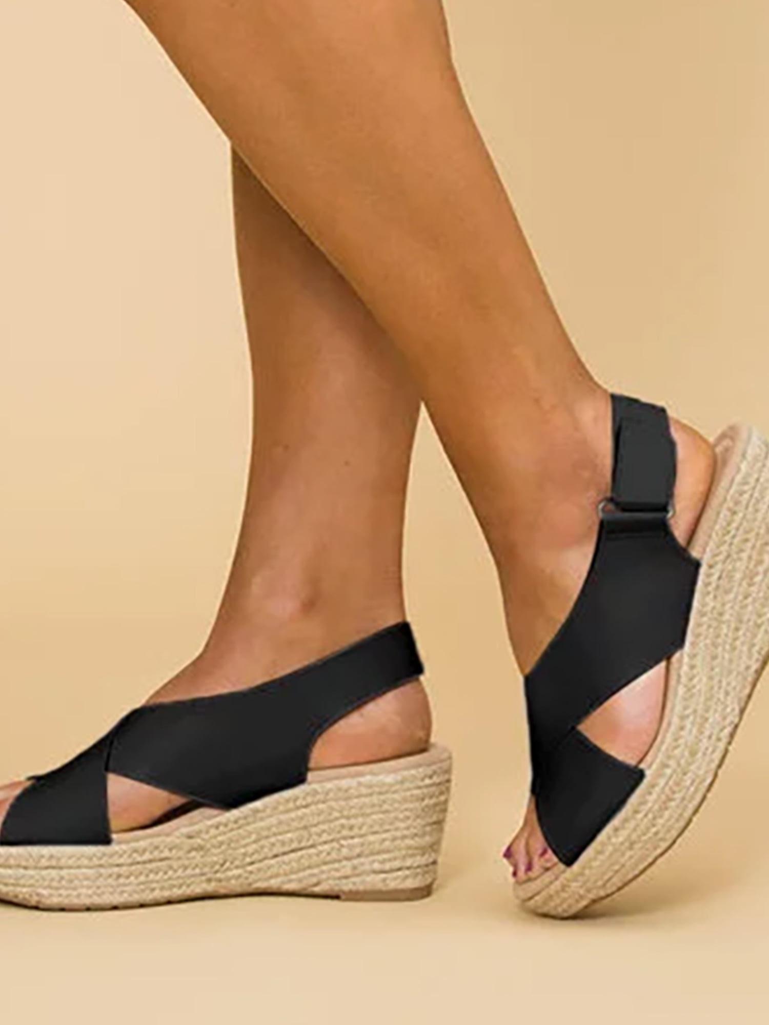 Coutgo Womens Espadrille Platform Wedge Sandals Ankle Straps Buckle Slingback Summer Closed Cap Toe Shoes 