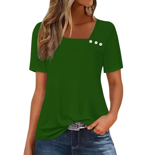 Usted Es Más Que una Camisa de Puntuación de Prueba, de Moda Casual Color Sólido Botón de Manga Corta Cuello en V para Mujeres