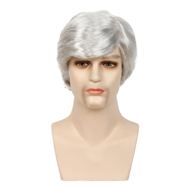 Peluca de pelo sintético, 28 cm, corta, gris plateado, para hombre