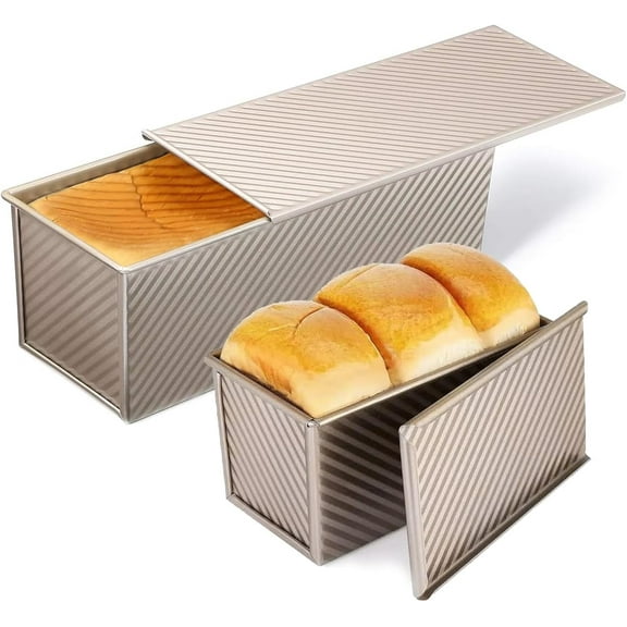 Behome 2 Pack Loaf Pan with Lid, 1 lb/0.5 lb Dough Capacity Bread Pans, Non-Stick Sandwich Bread Loaf Pan for Homemade Baking Bread, Gold