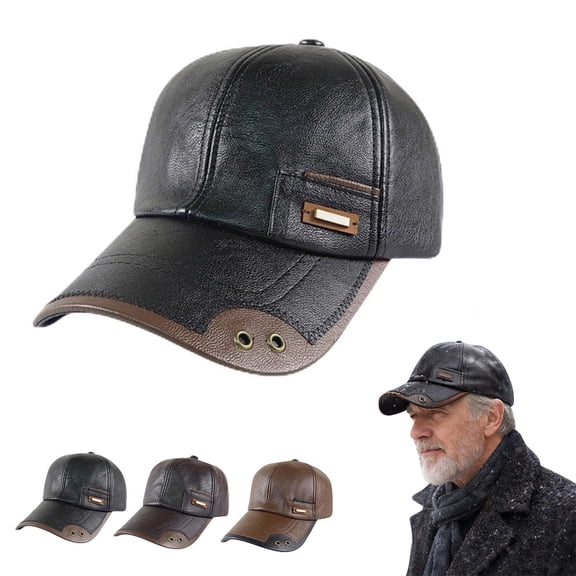 Dad Hat for Men Women AURORADY Windproof Pu Leather Baseball Cap with Thick Fleece Adjustable Warm Outdoor Driving Headwear, Black One Size Baseball Caps
