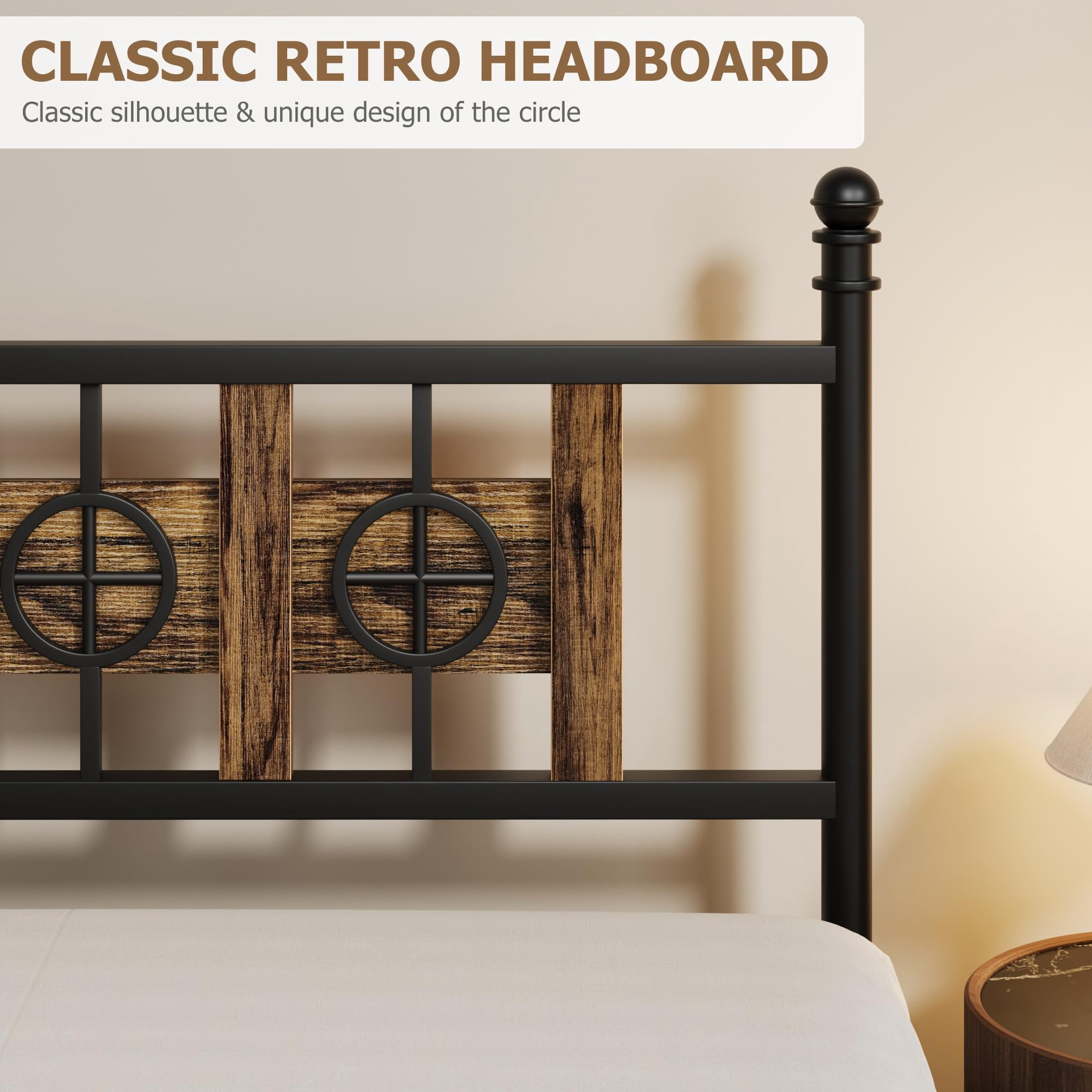 Garvee Queen Size Bed Frame with Headboard and Footboard, Storage Space Under Bed &  Metal Queen Bed Frame w/ Vintage Circular Design, No Box Spring Required, Easy Assembly, Noise-Free Brown