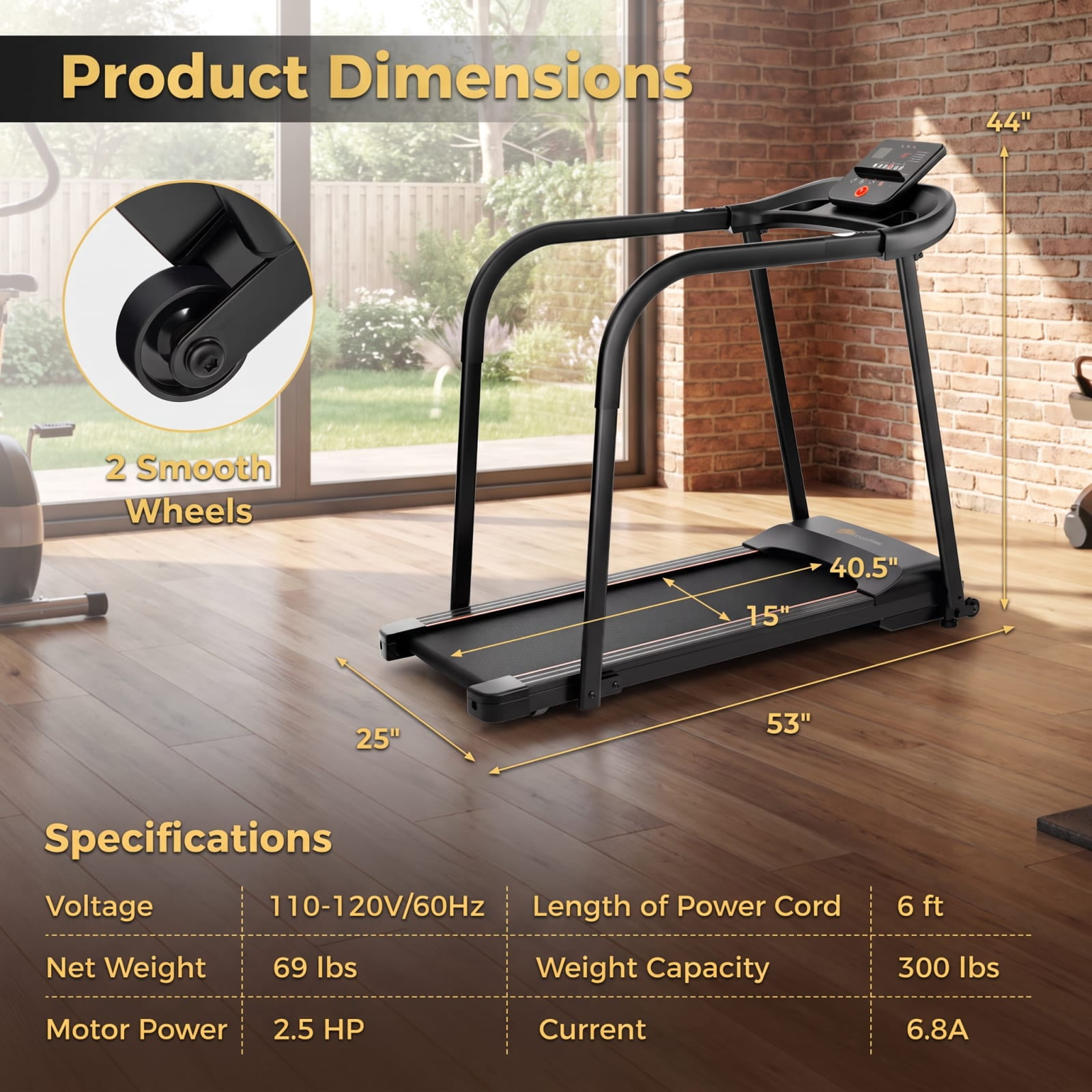 Airfind 2.5 HP Walking Treadmill with Long Handrails and 15 Preset Programs for Seniors Home Gym Low Impact Cardio, Black