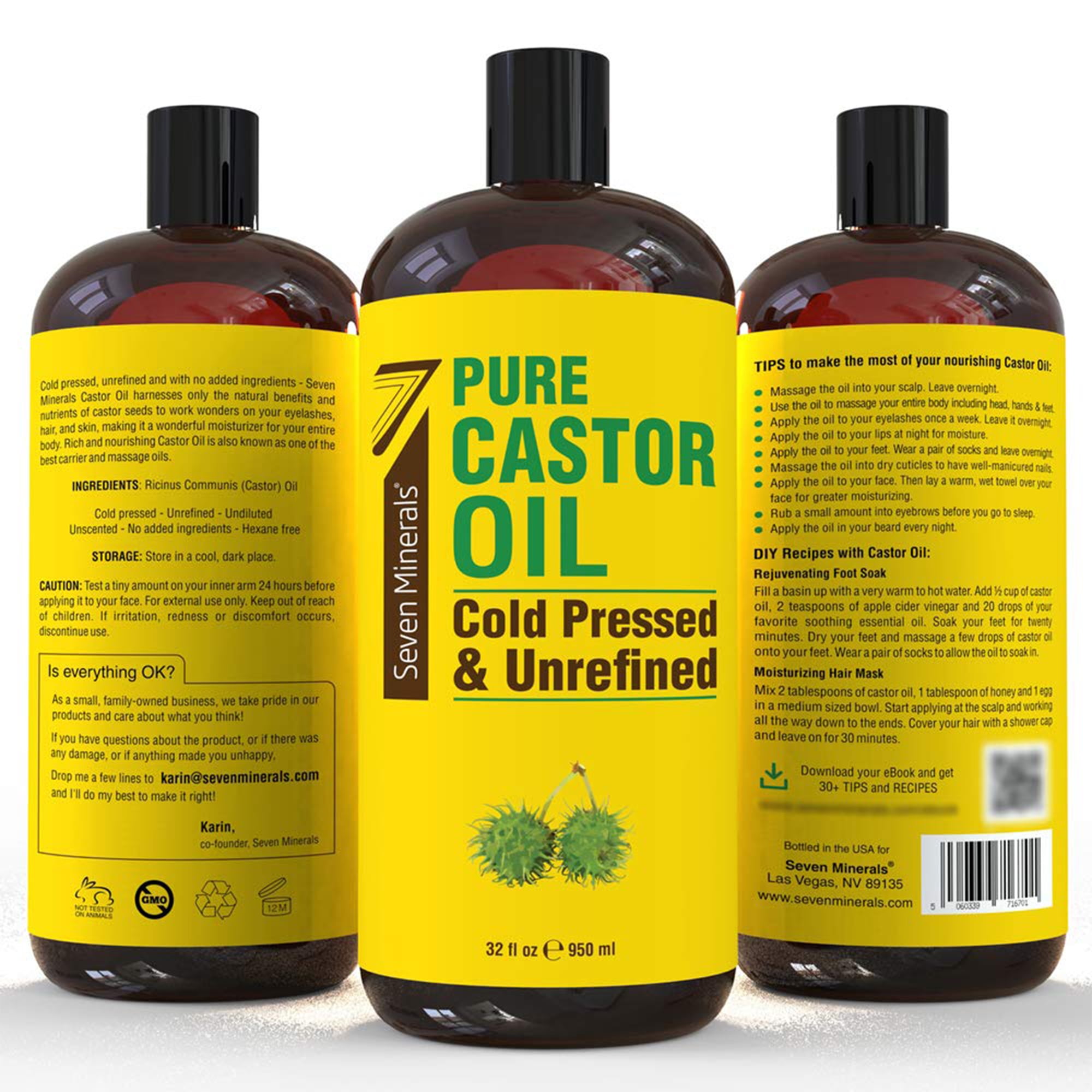 Seven Minerals 32 fl oz Pure Castor Oil - Cold Pressed, Unrefined