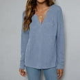 thumbnail image 2 of XFLWAM Women's V Neck Waffle Knit Henley Tops Casual Solid Color Long Sleeve Pullover Blouses with Pocket Blue L, 2 of 5