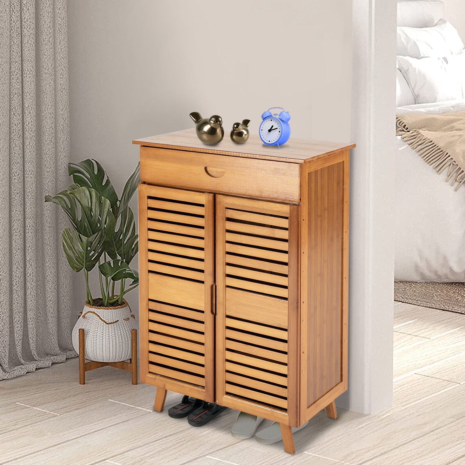 4 Tier Bamboo Shoe Storage Cabinet Shoe Organizer Shoe Rack with Door Drawer